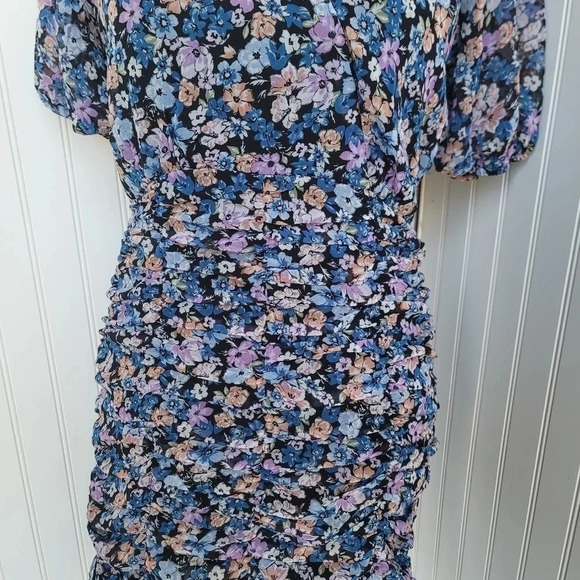 Allison & Kelly Dress Womens Blue Floral Short Slv Keyhole Mesh Rutched Ruffle M - Picture 13 of 16